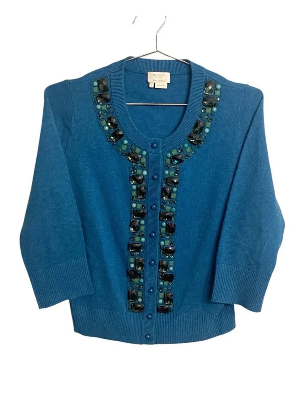 Kate Spade NY Kati City Lights Jeweled Teal Sweater Wool/Cashmere Blend SZ Small